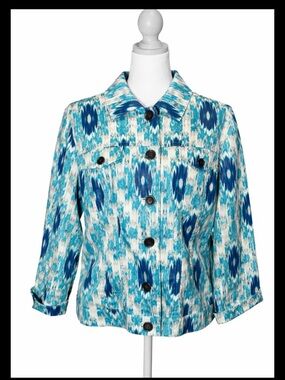 Chico's Blue & White Ikat Print Jean Jacket